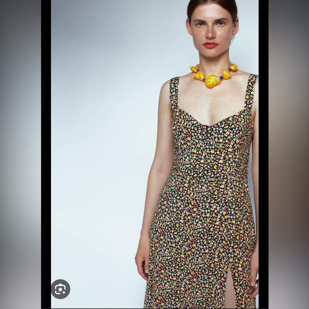 Zara Black Floral Midi Slip Dress with Sweetheart Neckline
